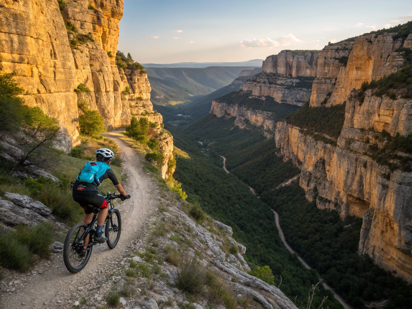 Mountain biker on trail at sunset